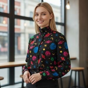 Vintage Celestial Planet Print Blouse Long Sleeve Space Galaxy Shirt Ms Frizzle